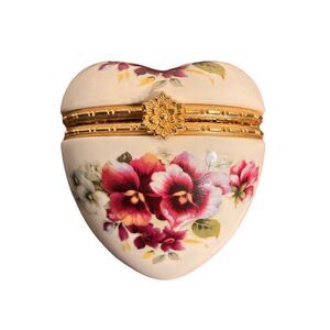 Vintage 1999 Porcelain Heart Shaped  Floral Trinket Box W/ Latch Lid.